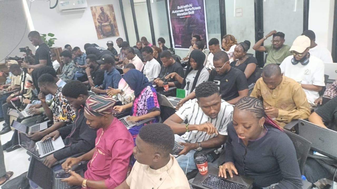 A packed room of attendees working on laptops at Antitect's first workshop in Lagos.